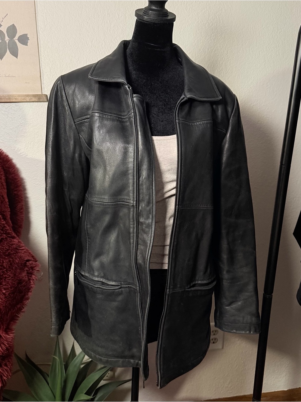 Vintage Black Leather Zip Up Jacket